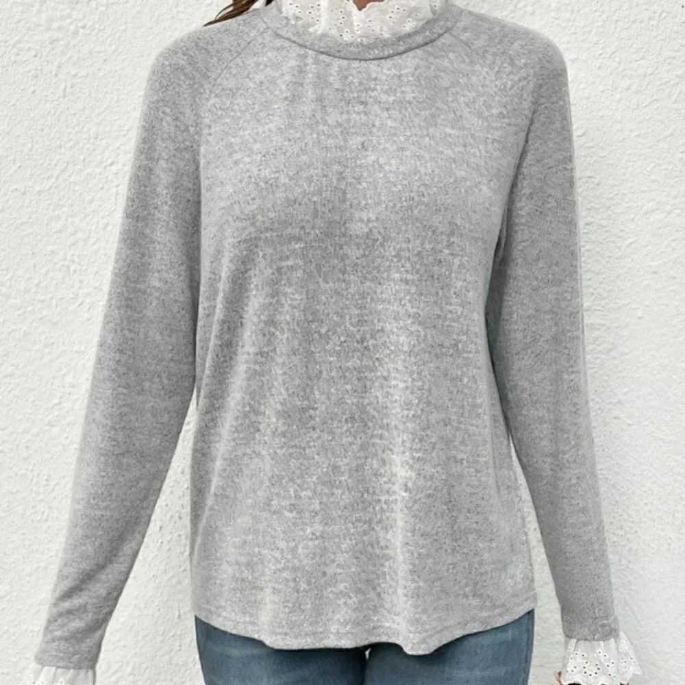 SHEIN EYLET EMBROIDERY TRIM RAGLAN SLEEVE SHIRT SIZE L 8/10 NWT - Picture 3 of 3